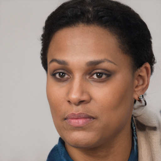 Neutral black young-adult female with short  black hair and brown eyes