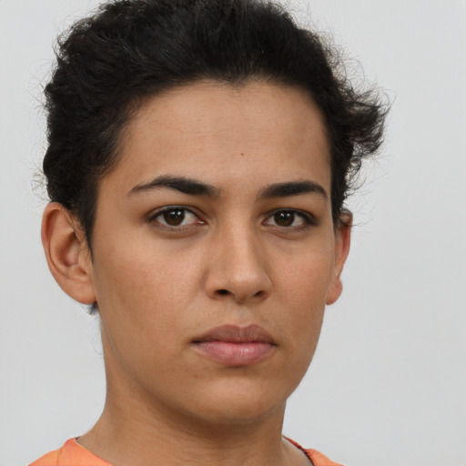 Neutral latino young-adult female with short  brown hair and brown eyes
