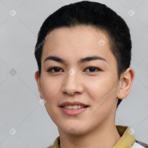 Joyful white young-adult female with short  black hair and brown eyes