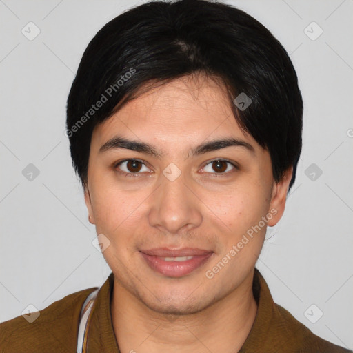 Joyful white young-adult male with short  black hair and brown eyes