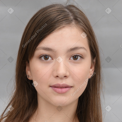 Neutral white young-adult female with long  brown hair and brown eyes