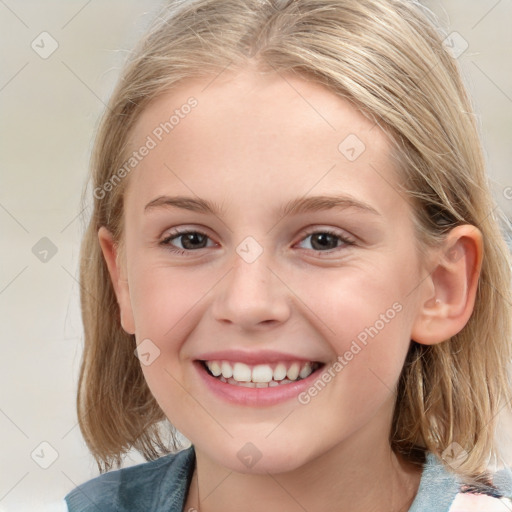 Joyful white child female with medium  brown hair and blue eyes