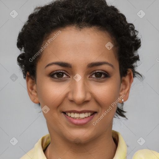 Joyful latino young-adult female with short  brown hair and brown eyes