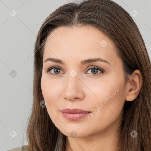 Neutral white young-adult female with long  brown hair and brown eyes