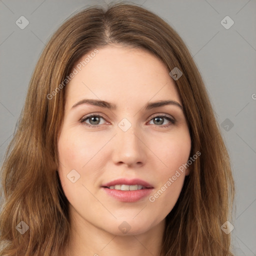 Neutral white young-adult female with long  brown hair and brown eyes