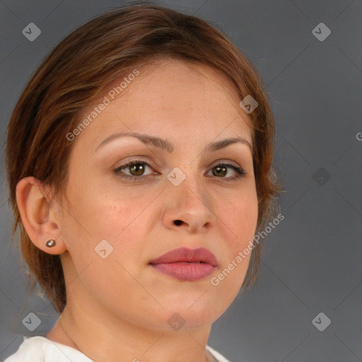 Neutral white young-adult female with medium  brown hair and brown eyes