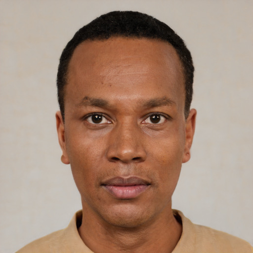 Neutral black young-adult male with short  black hair and brown eyes