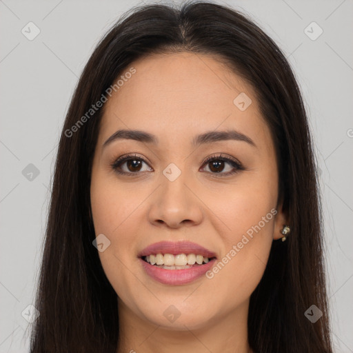 Joyful asian young-adult female with long  brown hair and brown eyes