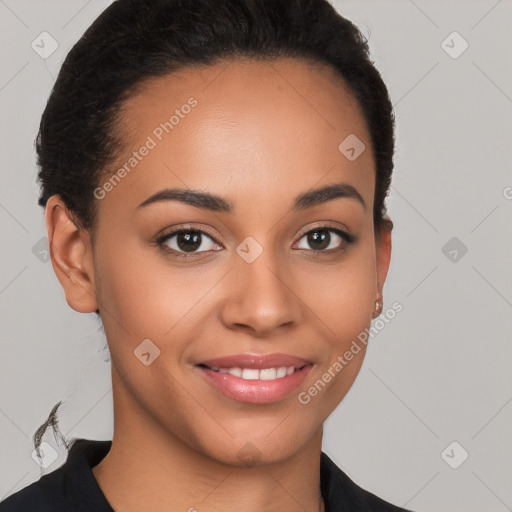 Joyful latino young-adult female with short  brown hair and brown eyes