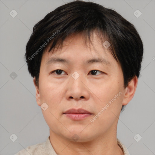 Joyful asian adult male with short  brown hair and brown eyes