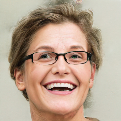 Joyful white adult female with short  brown hair and green eyes