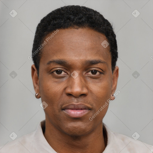 Neutral black young-adult male with short  black hair and brown eyes