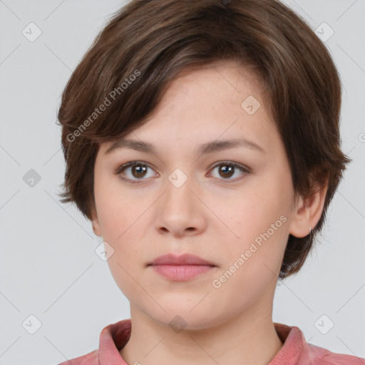 Neutral white young-adult female with medium  brown hair and brown eyes