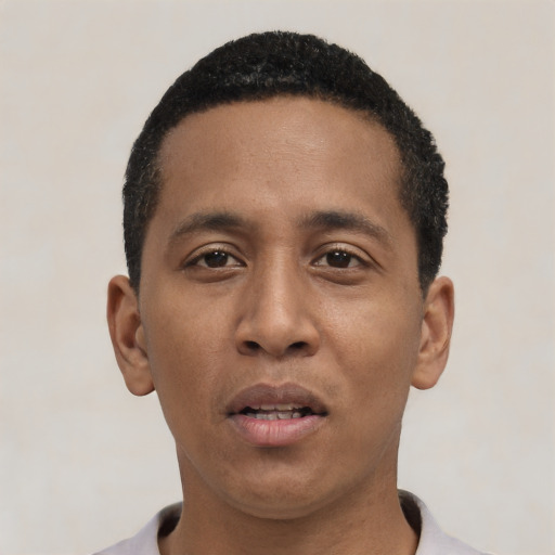 Neutral black young-adult male with short  black hair and brown eyes