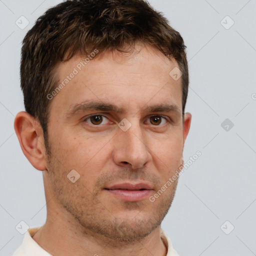 Neutral white adult male with short  brown hair and brown eyes