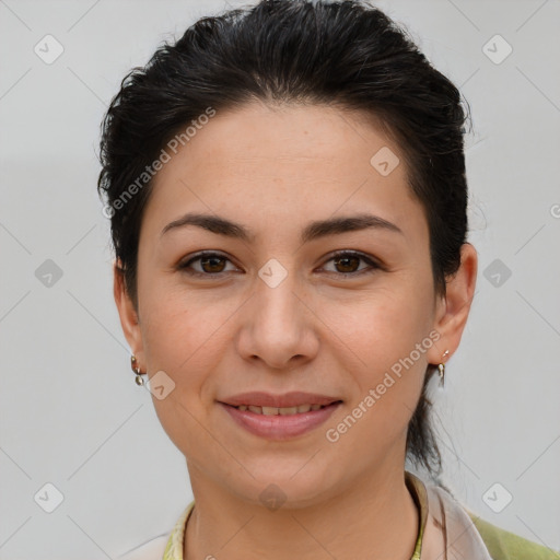 Joyful white young-adult female with medium  brown hair and brown eyes