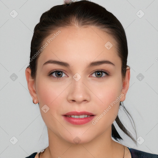 Neutral white young-adult female with medium  brown hair and brown eyes