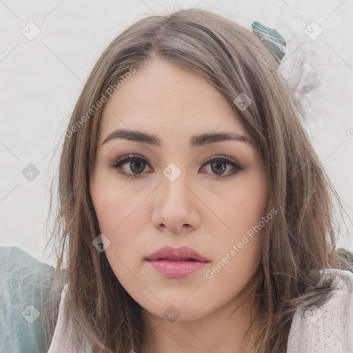 Neutral white young-adult female with medium  brown hair and brown eyes