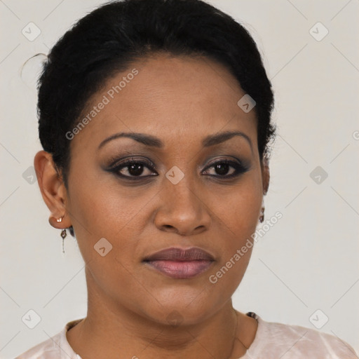 Joyful latino young-adult female with short  black hair and brown eyes