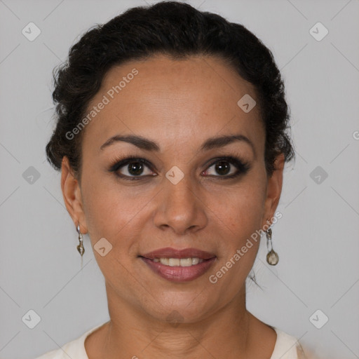 Joyful latino young-adult female with short  brown hair and brown eyes