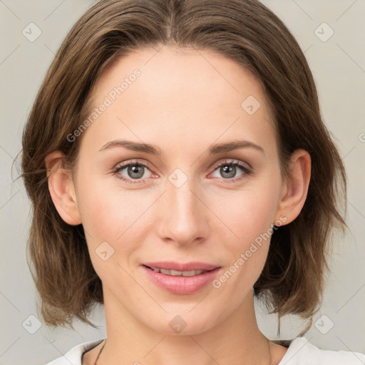 Joyful white young-adult female with medium  brown hair and green eyes