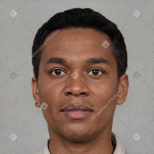 Neutral black young-adult male with short  black hair and brown eyes