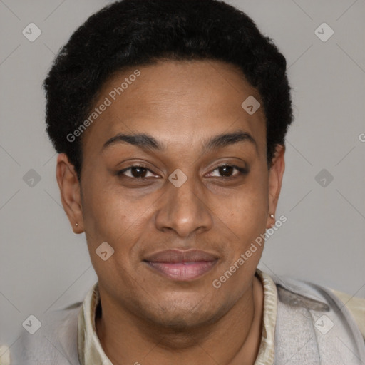 Joyful black adult female with short  brown hair and brown eyes