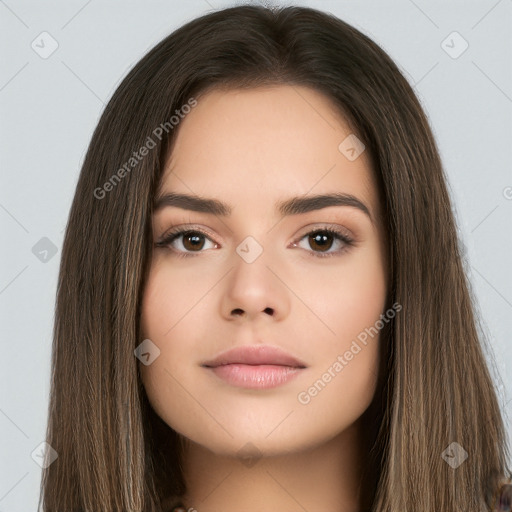 Neutral white young-adult female with long  brown hair and brown eyes