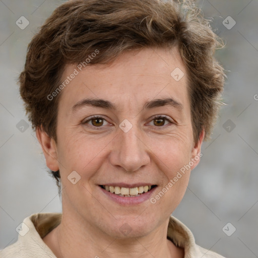 Joyful white adult female with short  brown hair and brown eyes