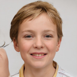 Joyful white child female with short  brown hair and brown eyes