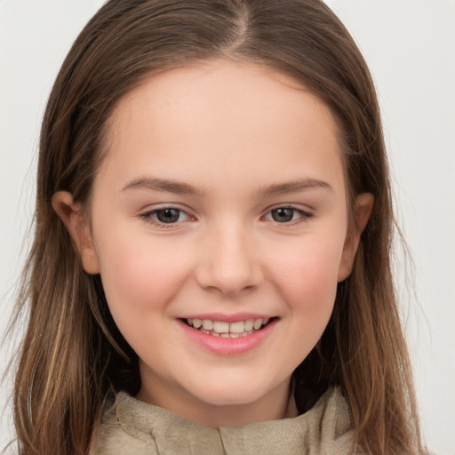 Joyful white child female with long  brown hair and brown eyes