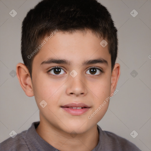 Joyful white child male with short  brown hair and brown eyes