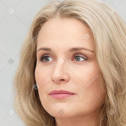 Joyful white young-adult female with long  brown hair and blue eyes