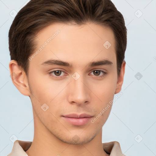 Neutral white young-adult male with short  brown hair and brown eyes