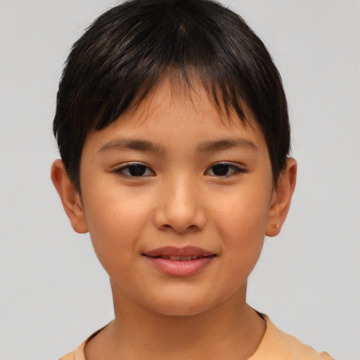 Joyful asian child female with short  brown hair and brown eyes
