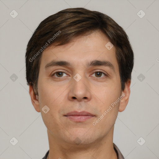 Neutral white young-adult male with short  brown hair and brown eyes