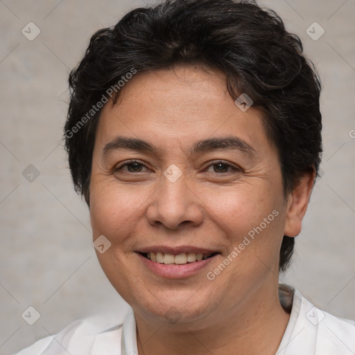 Joyful white adult female with short  brown hair and brown eyes