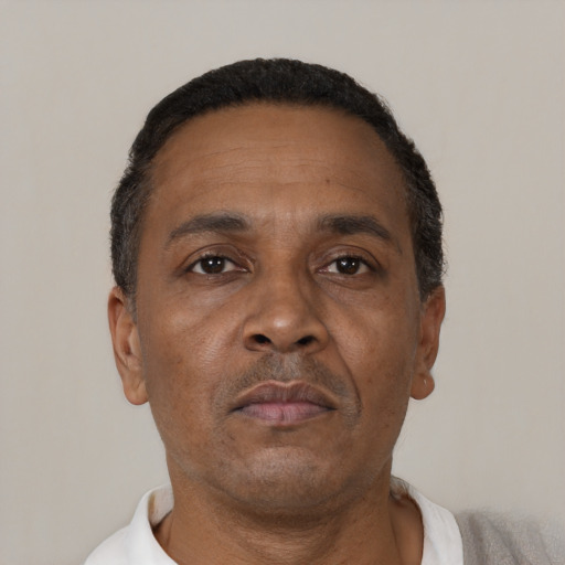 Neutral black adult male with short  black hair and brown eyes