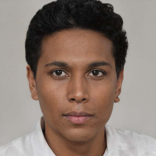 Neutral black young-adult male with short  black hair and brown eyes