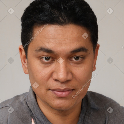 Joyful white adult male with short  black hair and brown eyes