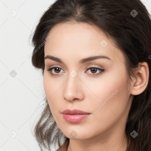 Neutral white young-adult female with long  brown hair and brown eyes