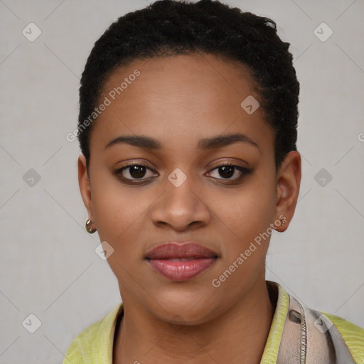 Joyful latino young-adult female with short  black hair and brown eyes