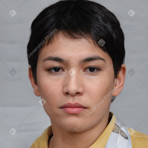 Neutral asian young-adult female with short  brown hair and brown eyes