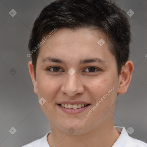 Joyful white young-adult female with short  brown hair and brown eyes