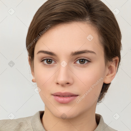 Neutral white young-adult female with short  brown hair and brown eyes