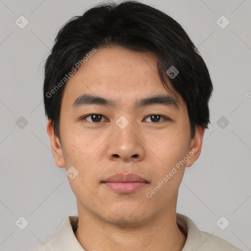 Neutral asian young-adult male with short  black hair and brown eyes