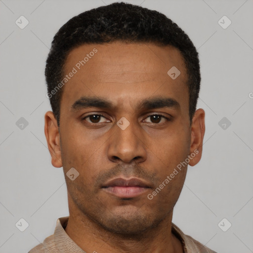 Neutral latino young-adult male with short  black hair and brown eyes