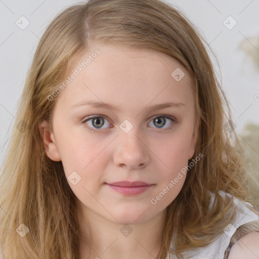 Neutral white young-adult female with long  brown hair and grey eyes