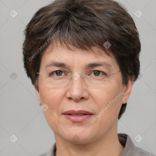 Joyful white adult female with short  brown hair and brown eyes