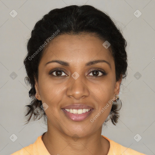 Joyful latino young-adult female with short  brown hair and brown eyes